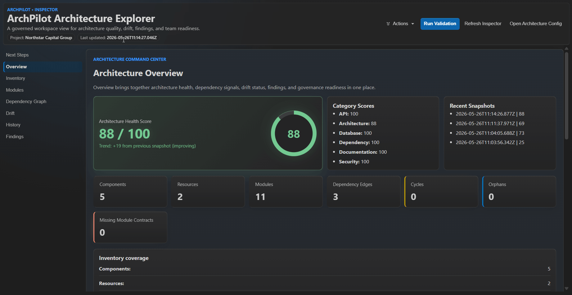 ArchPilot VS Code inspector showing local architecture validation results before publishing to Cloud.